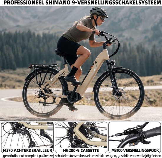 TTGO C7 SE Elektrische Stadsfiets - 28" Banden - 250W Bafang Middenmotor - 36V18Ah Accu - Bereik tot 140km - Shimano 9 Versnellingen - Beige van TTGO — afbeelding 5