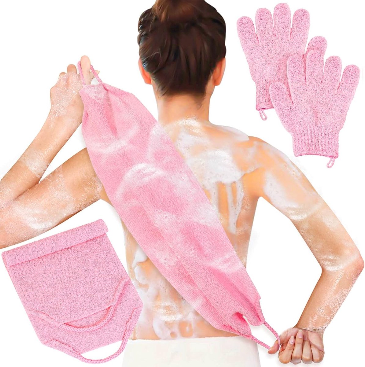 Exfoliërende Douchehandschoenen en Rugschrobber Set voor Lichaam en Gezicht - Perfect voor Scrubben en Verfrissen (Roze)