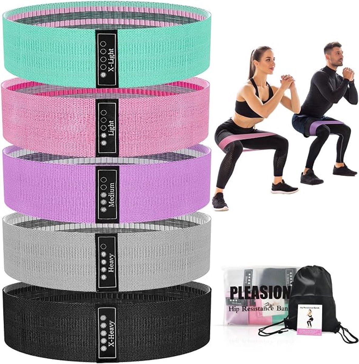 Weerstandsbanden Set van 5, Fitnessbanden voor Heupen en Benen, Booty Bands van Stof voor Krachttraining, Yoga en Pilates
