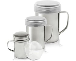 Chocoladepoeder Shaker met Handvat, 3 Verschillende Maten RVS Poedersuikershakers voor Specerijen, Cacao en Meel - Fijn Zeefdesign