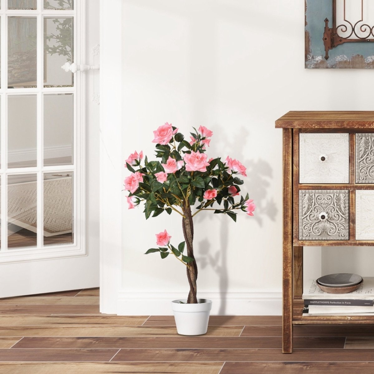 Kunstplant Realistische Kunstrozenboom 90 Cm In Pot Roze PE Voor Binnen En Buiten Sfeervolle Decoratie Met Natuurlijke Uitstraling