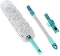 Plumeau blanc et duveteux, un manche turquoise et un support turquoise, séparés.