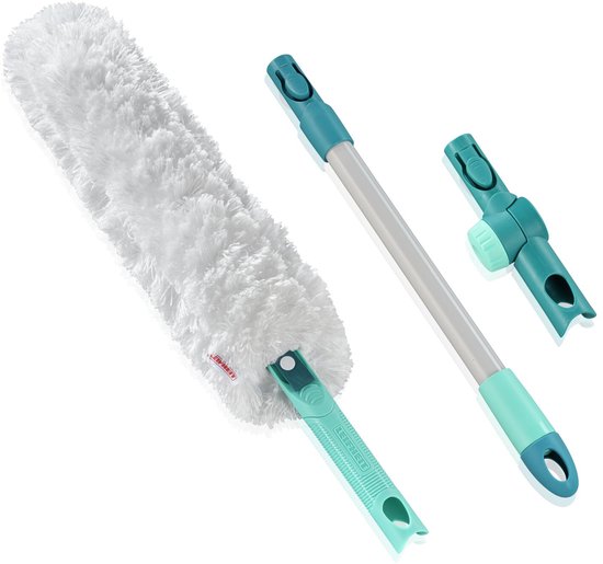 Plumeau blanc et duveteux, un manche turquoise et un support turquoise, séparés.