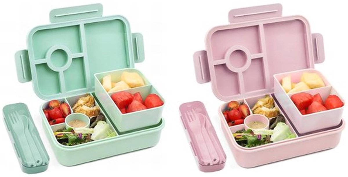 Lunchbox 1300 ml - Lekvrij - Bentobox - Lunchbox voor Volwassenen - Lunchbox voor Kinderen - 5 Vakken - Inclusief Bestek - Bento Box