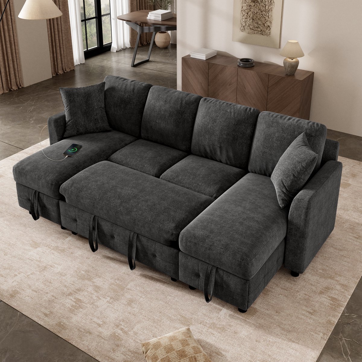 MODFU - U-bank - Slaapbank - Chenille - Opbergruimte - Grijs - 260 x 128 x 82 cm