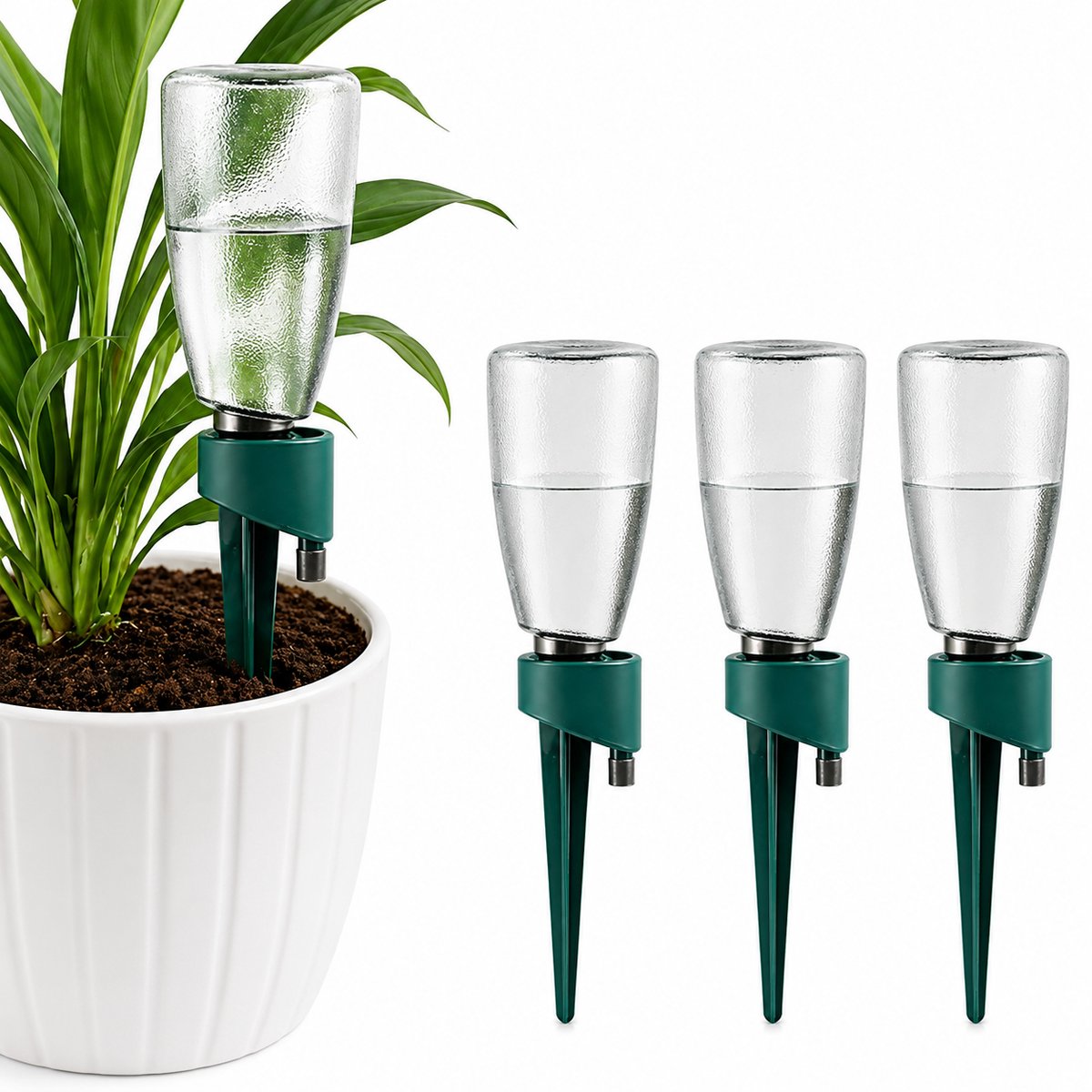 Automatische Plantenbewatering - Bewateringssysteem voor Planten met Verstelbaar Ventiel - 4 Stuks Flessen van 500 ml - Vakantie Bloemenwatergever voor Binnen, Balkon & Huisdieren -Groen