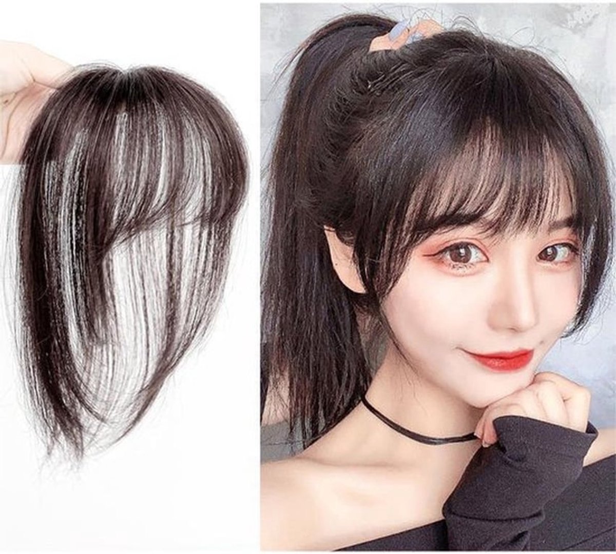 Clip-in Pony Lichtgewicht - Franse Ponypruik - Synthetisch Haar - Donkerbruin - 25 cm - Geschikt voor Alle Gezichtsvormen - Haarpiece