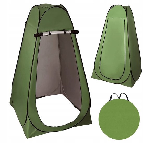 Militairgroene pop-up tent met een open voorkant en een ophangstang.