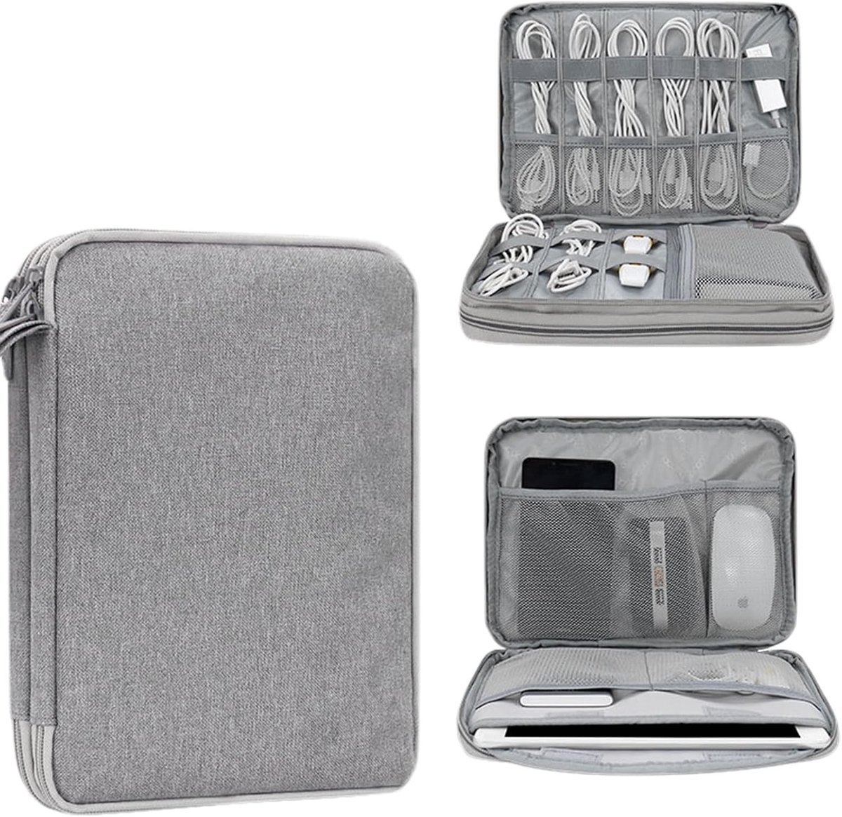 Reis Kabel Organizer, Elektronische Tas voor Tablet en E-Reader, Dubbele Laag Tech Pouch, Grijs, Accessoires voor Elektronica en Opladers