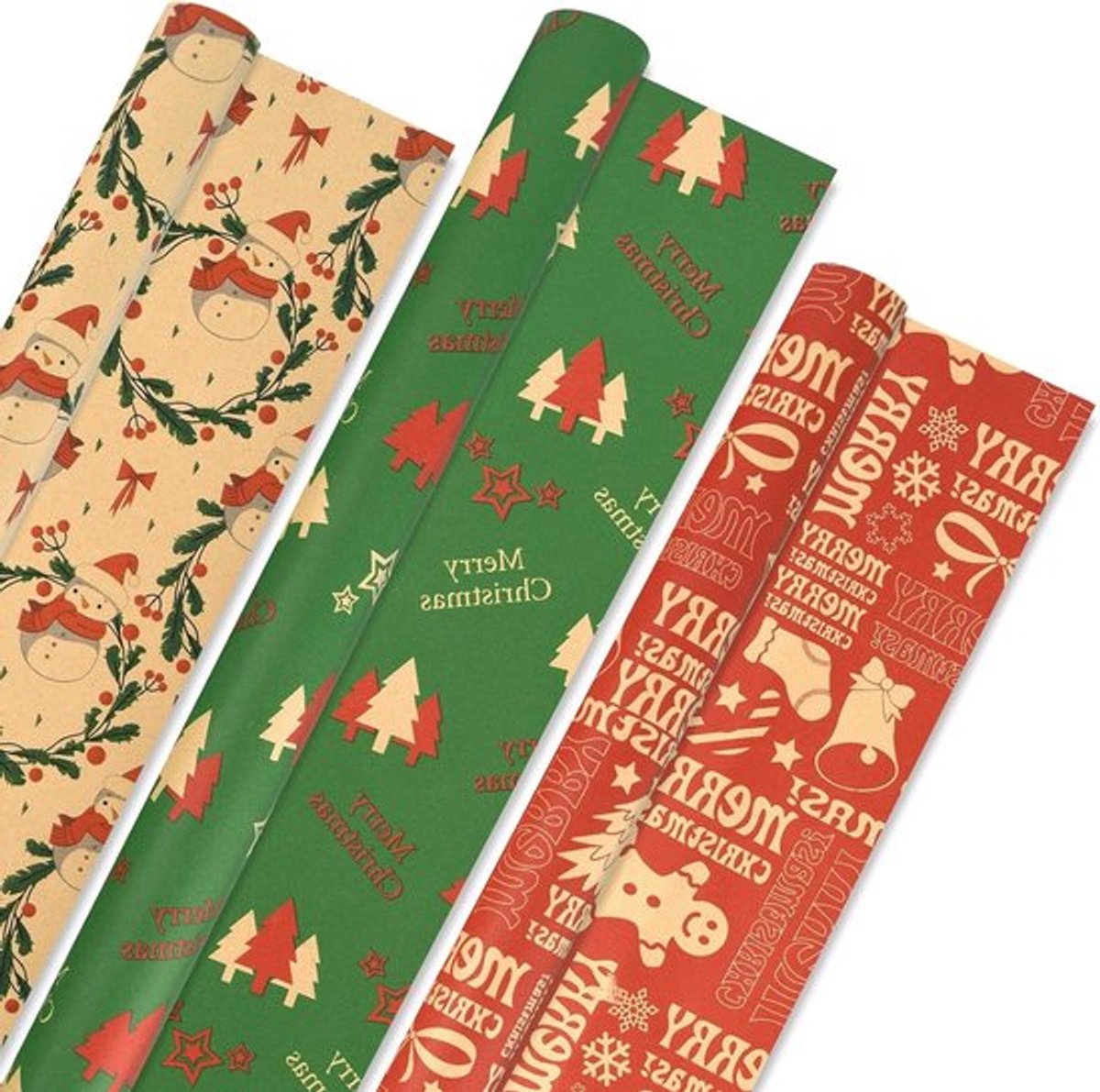 Kerst Inpakpapier - 3 Rollen van 58×555 Inch, Duurzaam Groen Rood Sneeuwman Kraft voor Cadeaus en Feestdecoratie - 125.4 vierkante voet