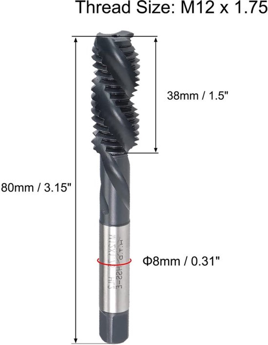 Draadkraan M12 x 1,75 mm - HSS/Nitreren gecoat - H2-tolerantie - Rechterhand snijrichting - Spiraalfluit ontwerp - Schokbestendig draadtapgereedschap - Tap