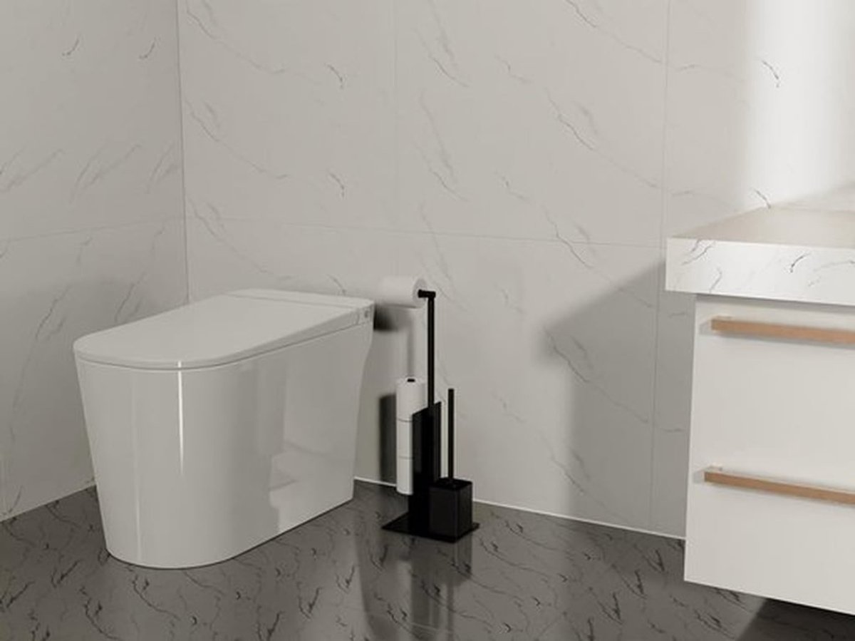 Vrijstaande Toiletpapierhouder met Glazen Schaal en Toiletborstel, 2-in-1 Verwijderbaar RVS voor Moderne Badkamer, Stijlvol en Functioneel