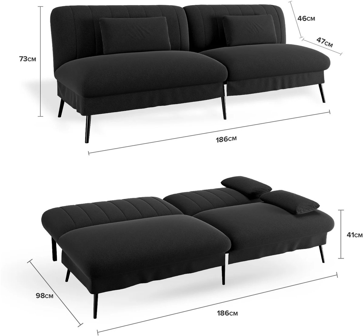 Gudalio Slaapbank - Fauteuil - Logeerbed - 2 in 1 - Uitklapbaar - Multifunctioneel - Ruimtebesparend - Groot Ligoppervlak - Zwart