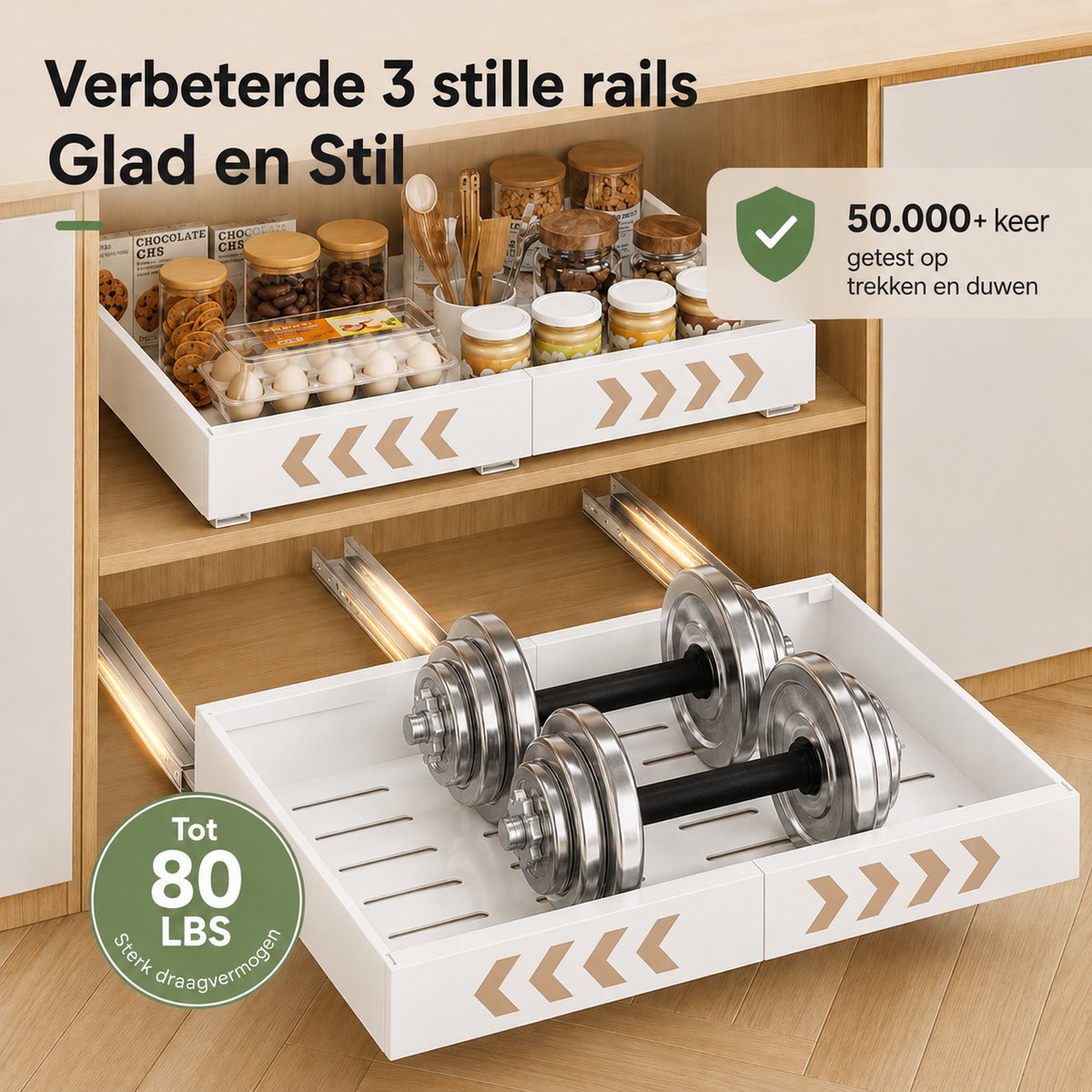 BOTC Uittrekbare Keukenkast Organizer - Verstelbare Kastlade 32-52 cm - Zonder Boren - Draagvermogen 25 kg - Voor Keukenkast & Voorraadkast - Wit — cadeau in Cadeau-ideeën - foto 6