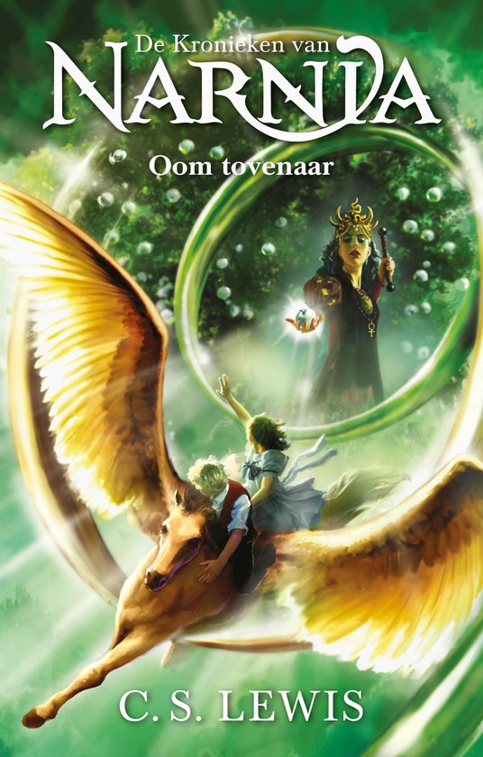 De kronieken van Narnia: Oom tovenaar, met een gevleugeld paard en twee kinderen, en een koningin met staf.