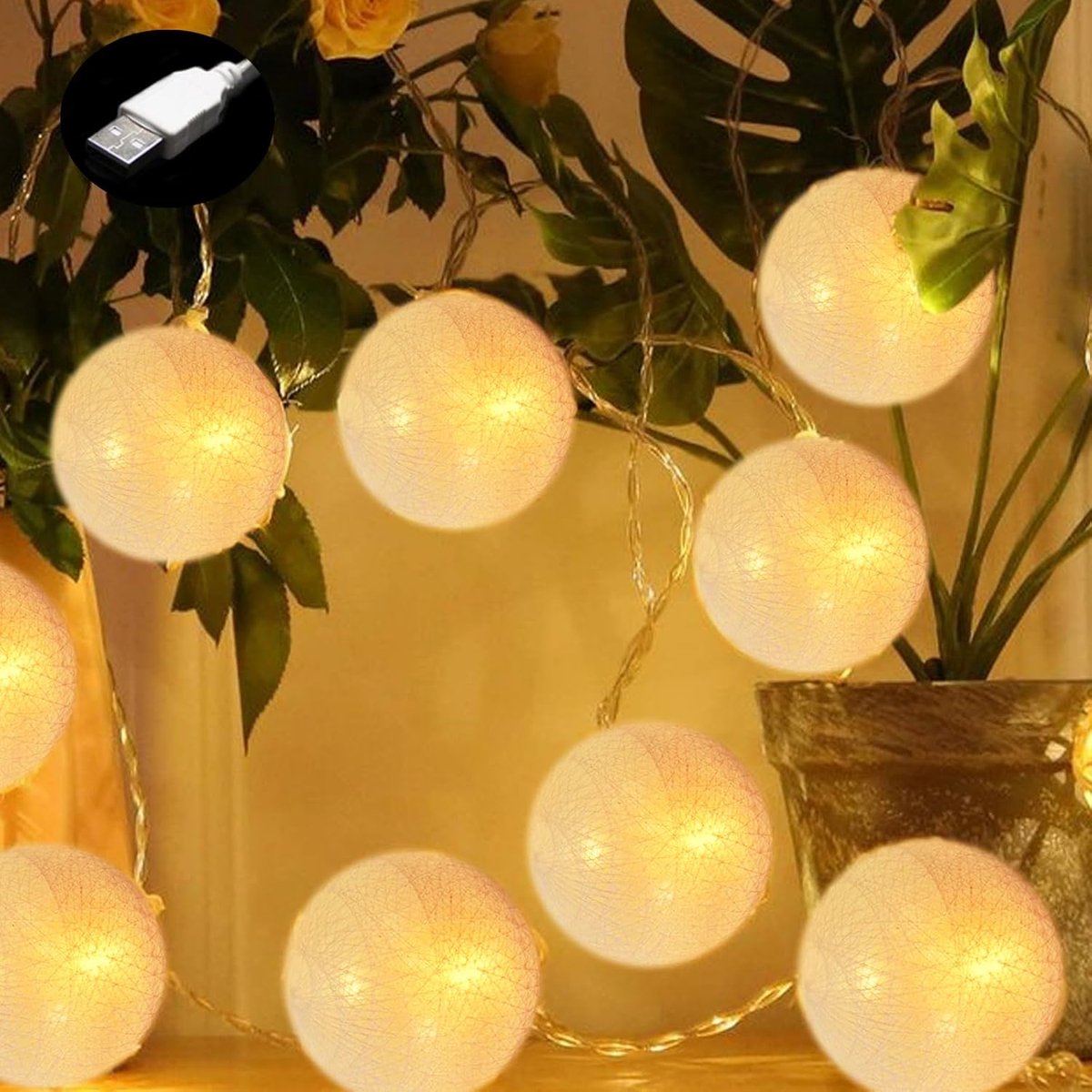 Lichtketting 6 m - Katoenen bollen - 40 leds - Perfect voor feestdecoratie - SnelShoppen