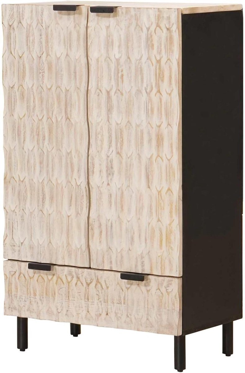 Hoge Kast - Opbergkast Dressoir - Woonkamer Organiseren - Massief Mangohout - 60 x 33 x 100 cm - Wit Gewassen