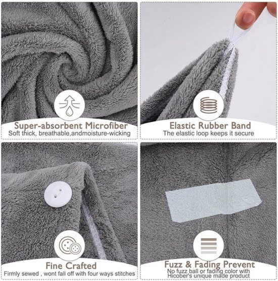 Set van 3 - Haardrooghanddoek - Absorberende hoofdband - Douchemuts - Grijs — afbeelding 3