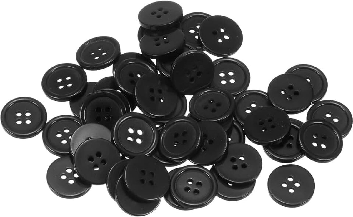 Knopen om te naaien, 28 l, 11/16 inch (18 mm), ronde knopen met 4 gaten voor het naaien van kleding en knutselen, kleur: zwart
