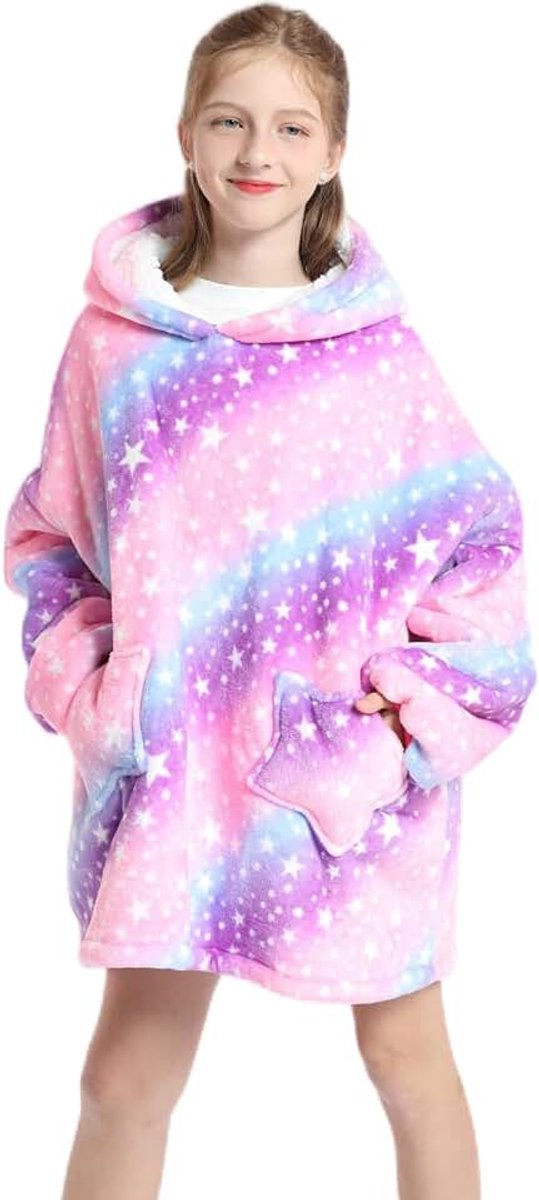 Deken Hoodie, Draagbare Deken Sweatshirt voor Meisje Jongen, Sherpa FLeece Hooded Pullover met zak voor Kinderen Tieners van 5-15 jaar, paarse regenboog, M/3XL