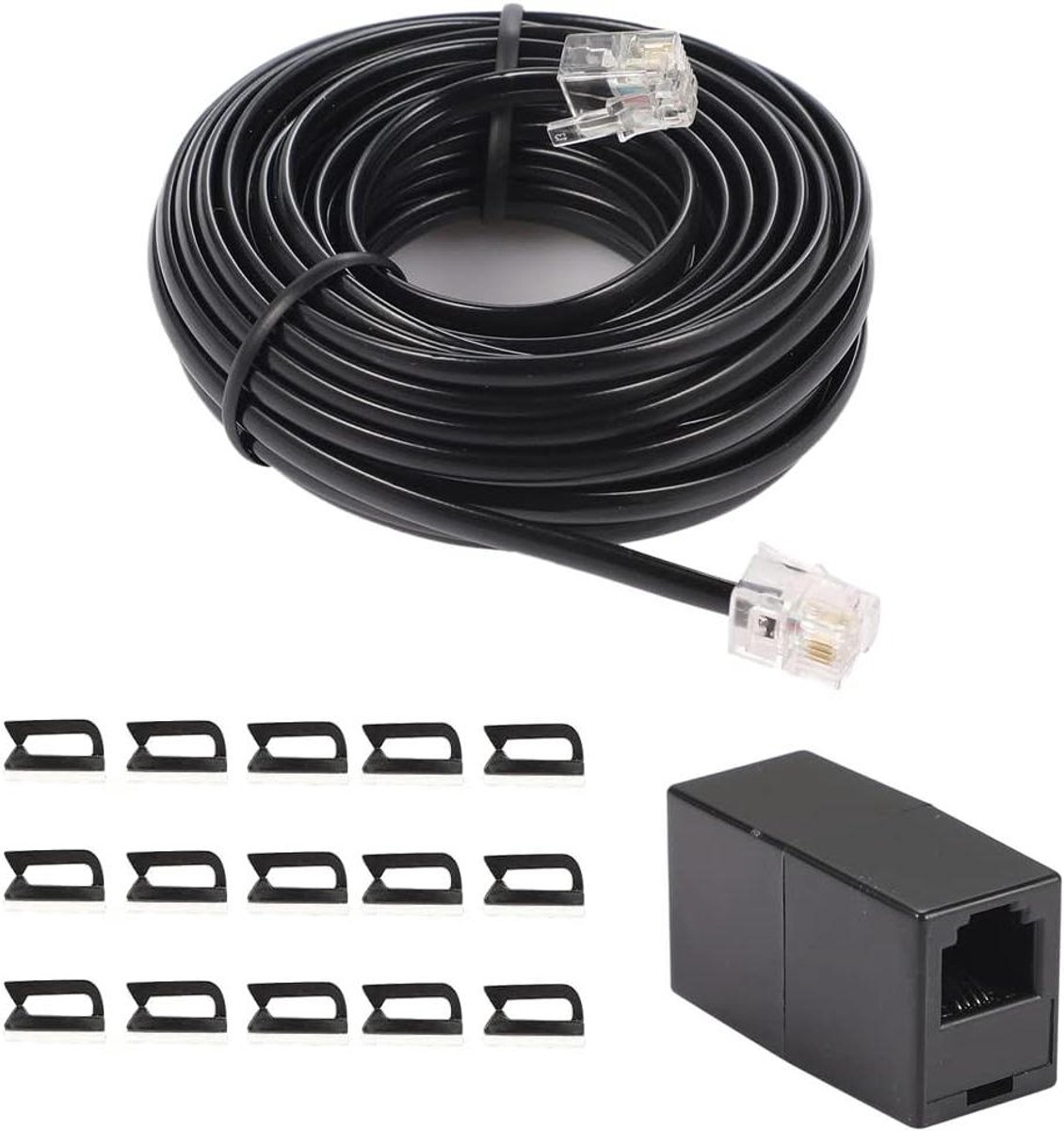 Telefoon Verlengsnoer - Telefoon Kabel Lijn - Vaste Lijn Verbinding - Inclusief Kabelclips - 6 Meter Lengte - Zwart