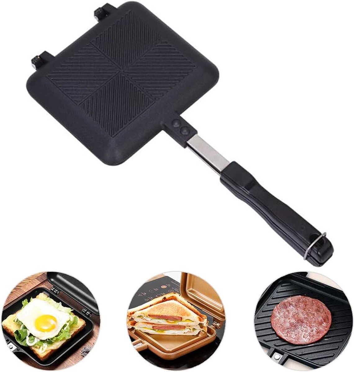 Sandwich Maker - Aluminium Dubbelzijdige Koekenpan Dubbelzijdige Sandwichmaker Pan met Handvatten Anti-aanbak Bakplaat Flip Pan Toast Pan Ideaal voor binnen en buiten