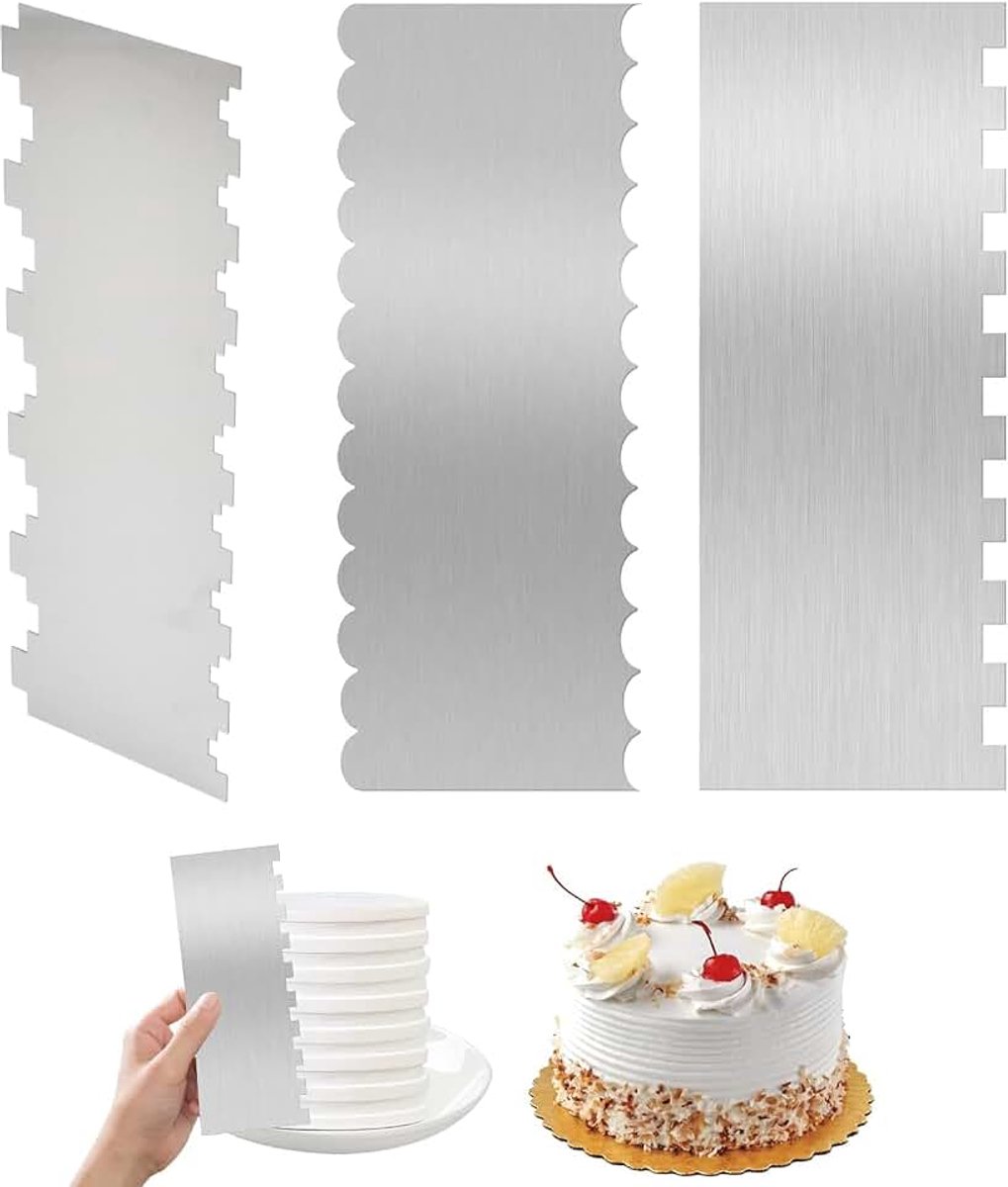 3 stuks roestvrijstalen taartschrapers, gegolfde slagroomschraper, roestvrij staal, taartschraper, gladde taartschraper, crème, decoratie (B)