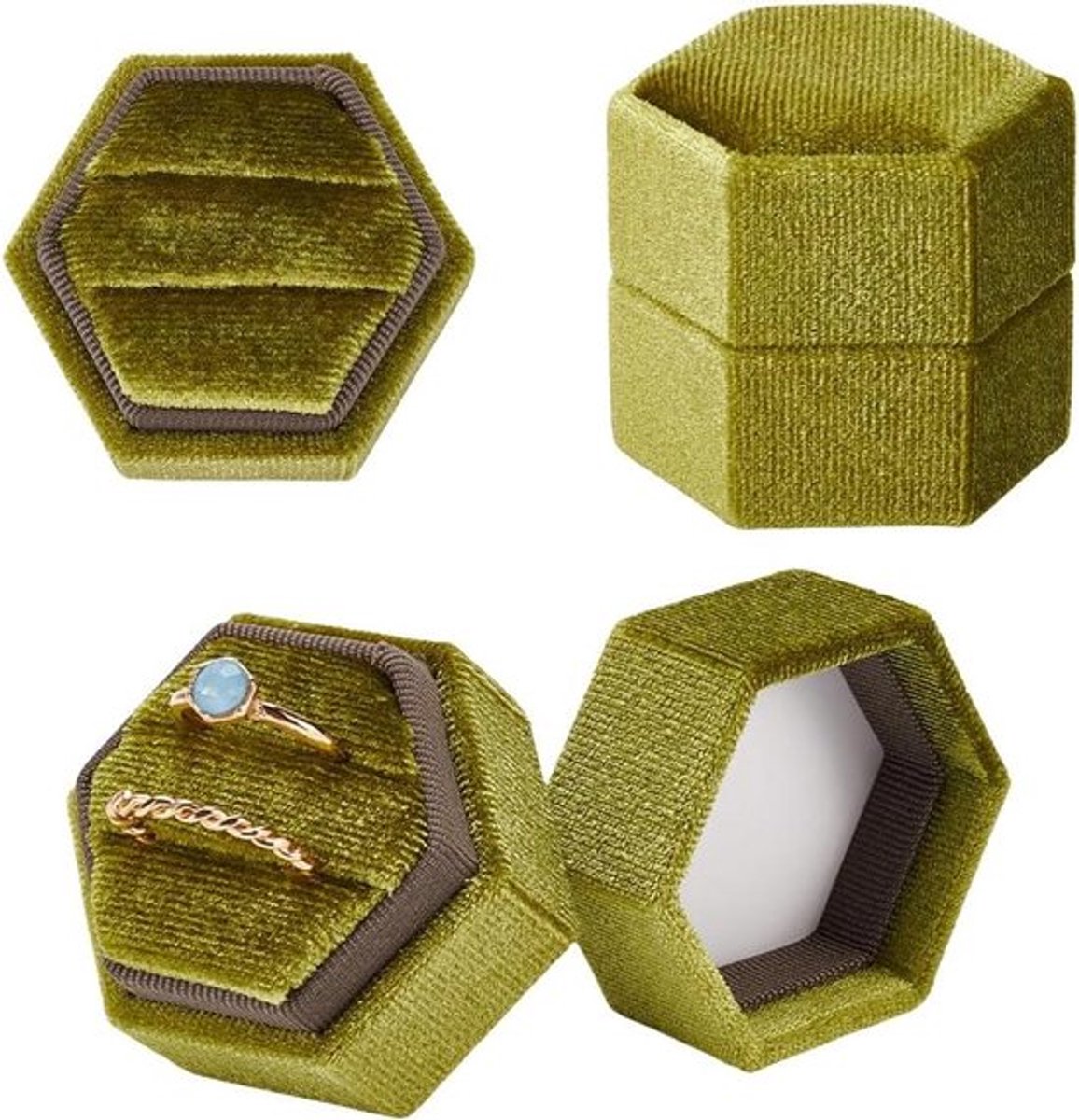 Fluweel Zeshoekige Ringdoos Opbergdoos Draagbaar Reissieradenetui voor Vrouwen - Olijf Fluweel - Cadeau.