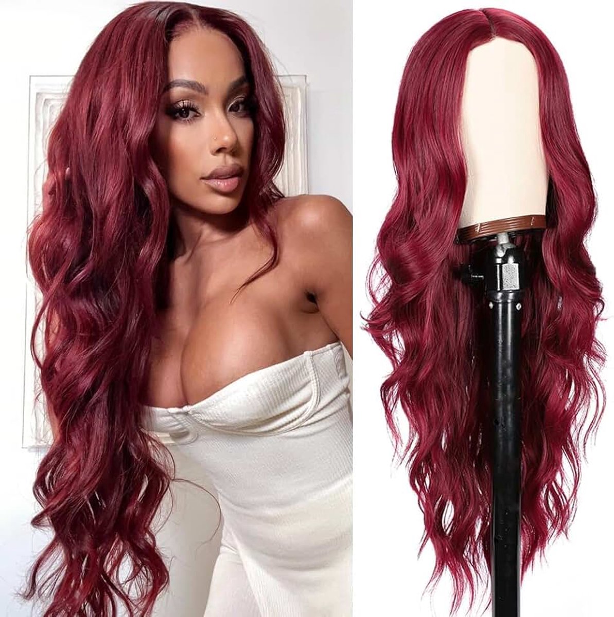 Lange, golvende rode wijnpruik voor dames, golvend, natuurlijk haar, Braziliaans haar, hittebestendig, voor cosplay, party, Halloween, dagelijkse outfit