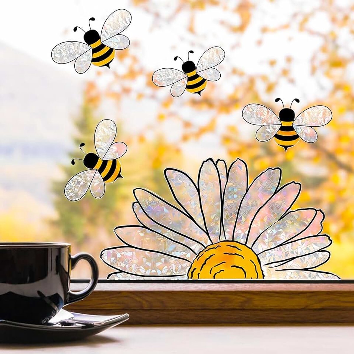 Raamstickers zonnebloemen en bijen, 30x40 cm Raamsticker lente zomer | suncatcher sticker,dubbelzijdig statisch,raamstickers bloemen decoratie,stickers voor ramen bloemen bijen voor raamdecoratie