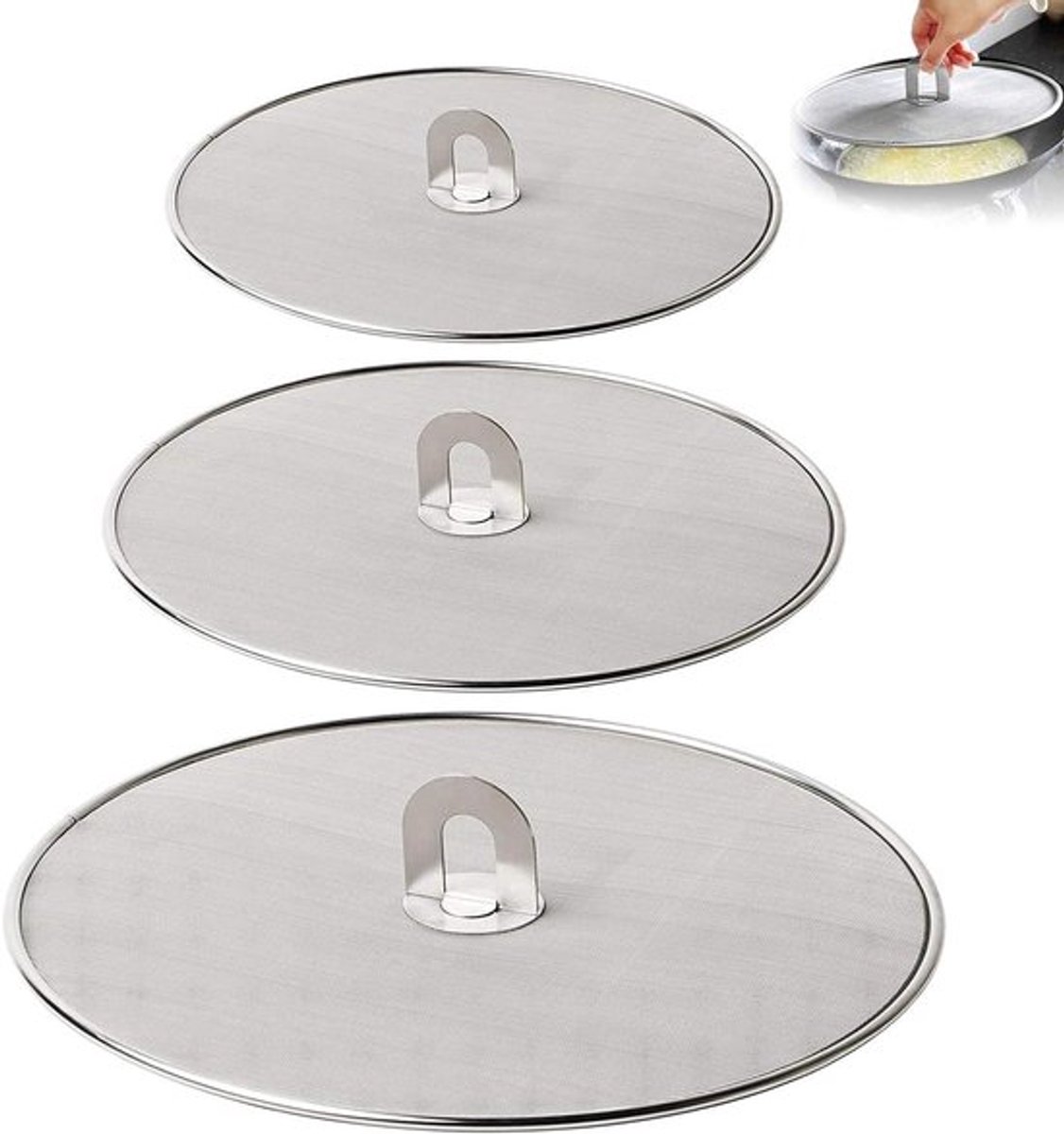 Spaterscherm-set van 3 stuks RVS – olie-spatdeksel voor pot en koekenpan – 33 cm, 29 cm, 25 cm