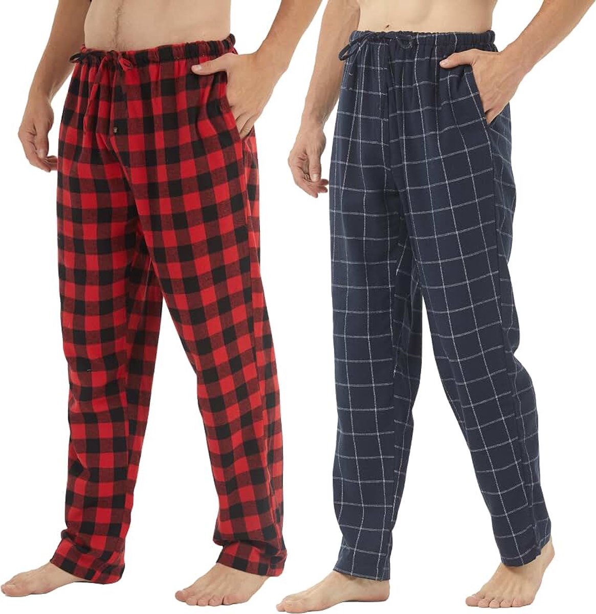 Set van 2 pyjamabroek voor heren, katoen, flanel, zachte pyjamabroek, geruit, pyjamabroek, lounge, pyjama met knoopsluiting en zakken