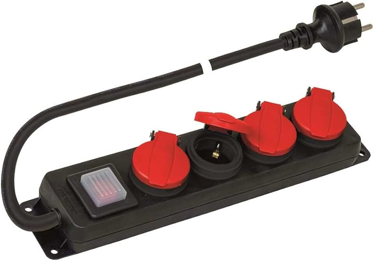 - PP2508 outdoor meervoudige stekkerdoos IP44 - 4 geaarde stopcontacten 16A met beschermkappen en stekker 16A - meervoudige stekkerdoos met kabel 1,5 m - stekkerdoos met schakelaar