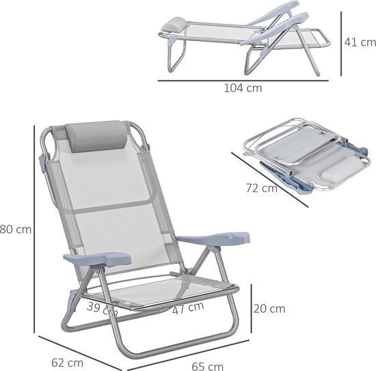 Set van 2 opvouwbare campingstoelen, campingstoel met 6-voudig verstelbare rugleuning van gaas en hoofdsteun, 62 x 65 x 80 cm lichtgrijs — afbeelding 4