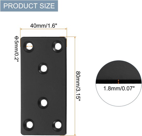 6 sets platte reparatieplaten, 1,6 x 3,15 inch (3,15 cm) plat, roestvrij staal, rechte houder, verbindingsplaat met schroeven voor de reparatie van hoeken van houten meubels, zwart — afbeelding 3