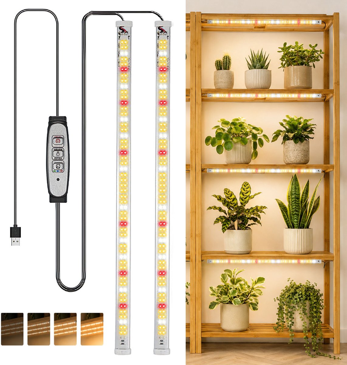 Rosnek Magnetische LED Kweeklamp Strips - 2 Lichtbalken van 50 cm - 108 LED's per Balk - Zonlichtspectrum - Timer 3/9/12 Uur - 4 Helderheidsniveaus