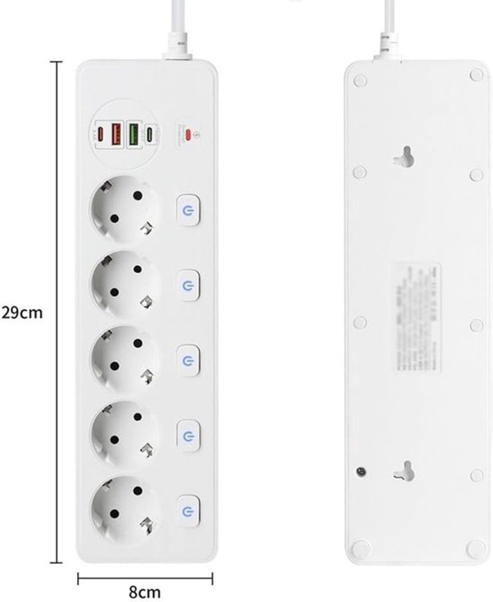Verlengkabel met meerdere aansluitingen en 4 snellaad-USB-poorten (wit)