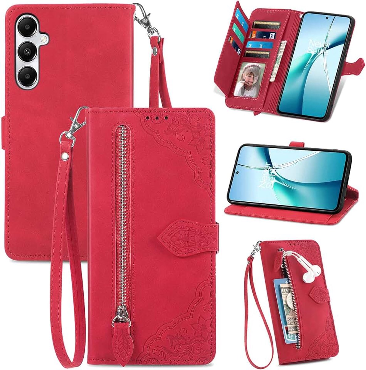 Portemonneehoesje voor Samsung Galaxy A17 5G, met kaarthouder en polsband, schokbestendig, schattig bloemenpatroon, rood