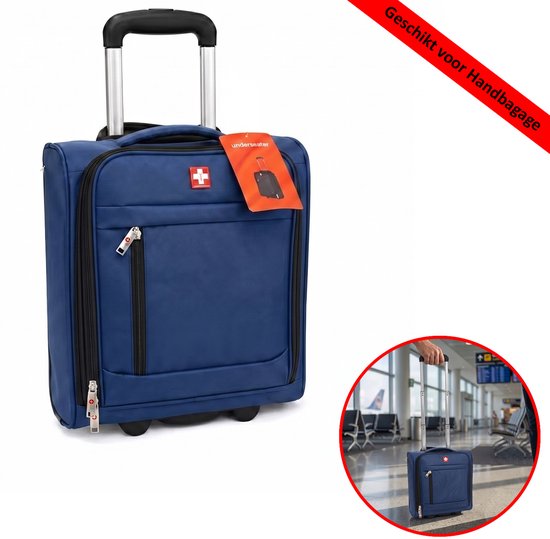 Blauwe handbagage koffer met trekstang en oranje label. Kleinere afbeelding toont koffer in luchthavenhal.