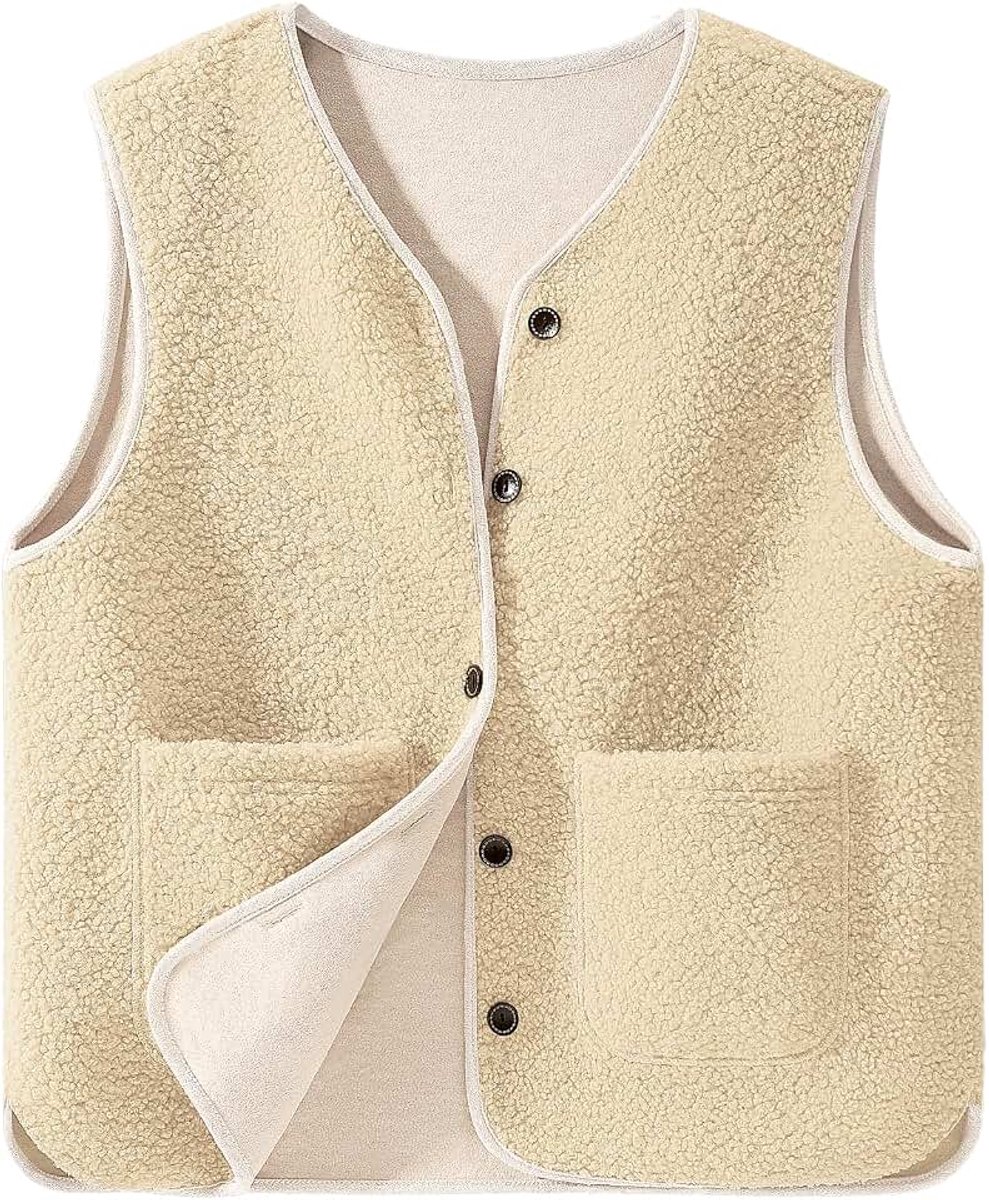 Girl teddy fleece gilet voor dames, mouwloze herfst- en winterjas in effen kleur, gemaakt van imitatie-suède, korte bodywarmer met knoopsluiting en zakken