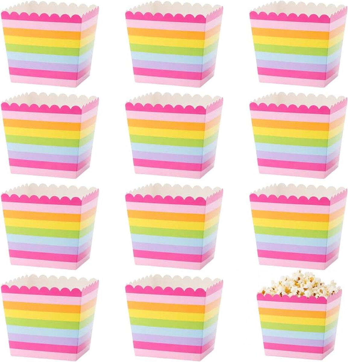 12 stuks kleurrijke popcornzakjes, groot, gestreepte papieren dozen als snoepcontainer voor snoepbar en familiefeesten