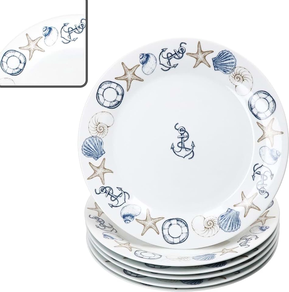 Neptun Set van 6 platte borden, diameter 27 cm, porseleinen eetborden met maritieme motieven, anker, schelp & co voor 6 personen, grote borden voor hoofdmaaltijden, voor grillen en dergelijke