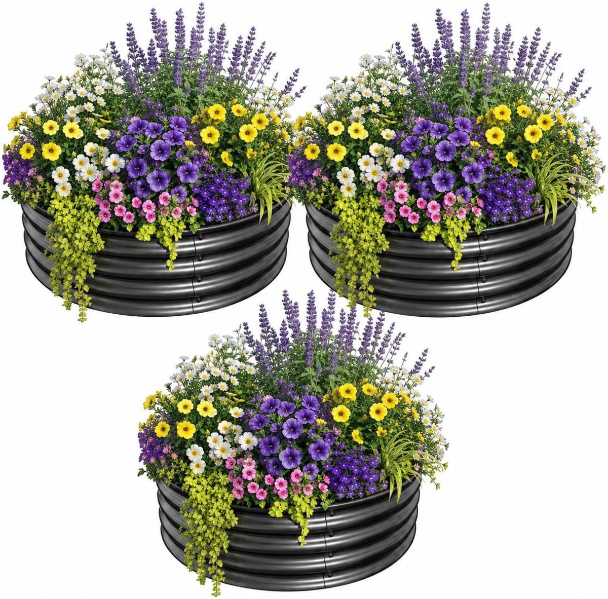 Danky Hoge plantenbak op poten, ronde verhoogde moestuinbak van gegalvaniseerd staal, 60x60x28 cm, zwart/naturel, plantenbak voor buiten, verhoogde tuinbak voor bloemen en kruiden