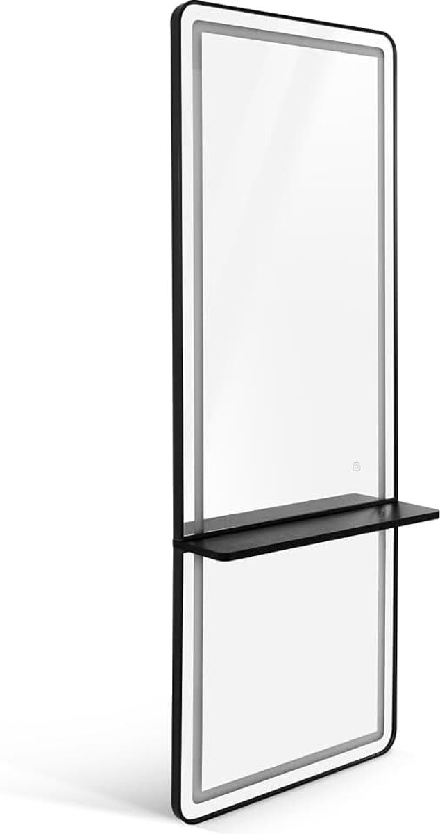 Wandspiegel met verlichting, volle lengte spiegel met aluminium frame, grote spiegel met touch-schakelaar, plank, 3 dimbare lichtkleuren, voor kapsalon, 17x65x177 cm, J6271 (Zwart)