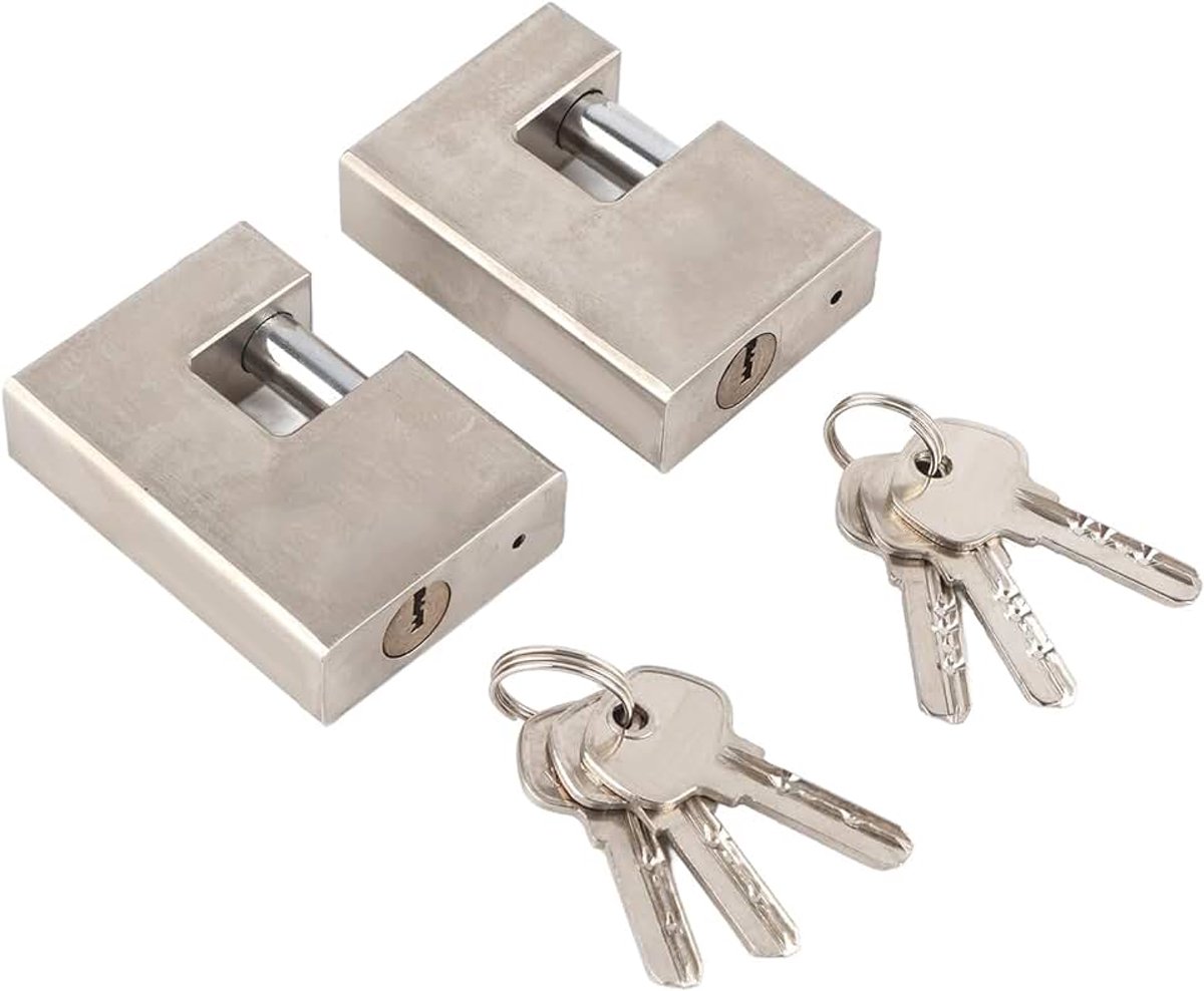 2 Stuks Zwaar Hangslot, Gehard Massief Staal Hardware Monoblock Slot Rechthoek met 6 Sleutels Hoge Beveiliging voor Garagedeur Thuis
