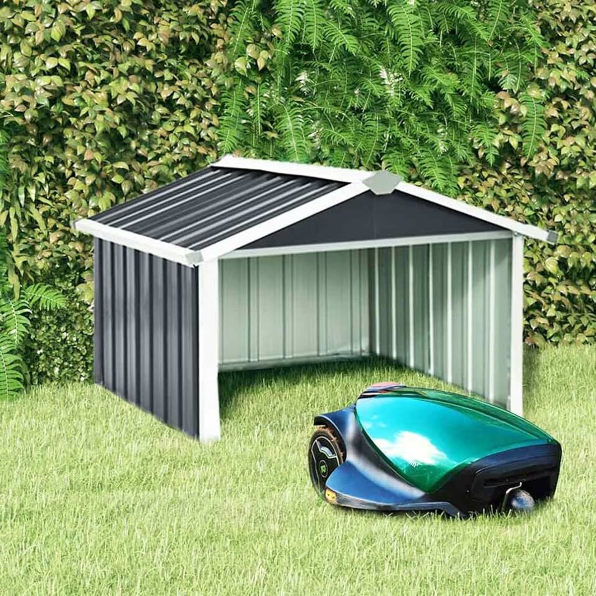 Grasmaaier garage robotmaaier gazon robot tuingereedschap zonwering kap dak schuilplaats tuin verzinkt staal antraciet 92x97x63 cm