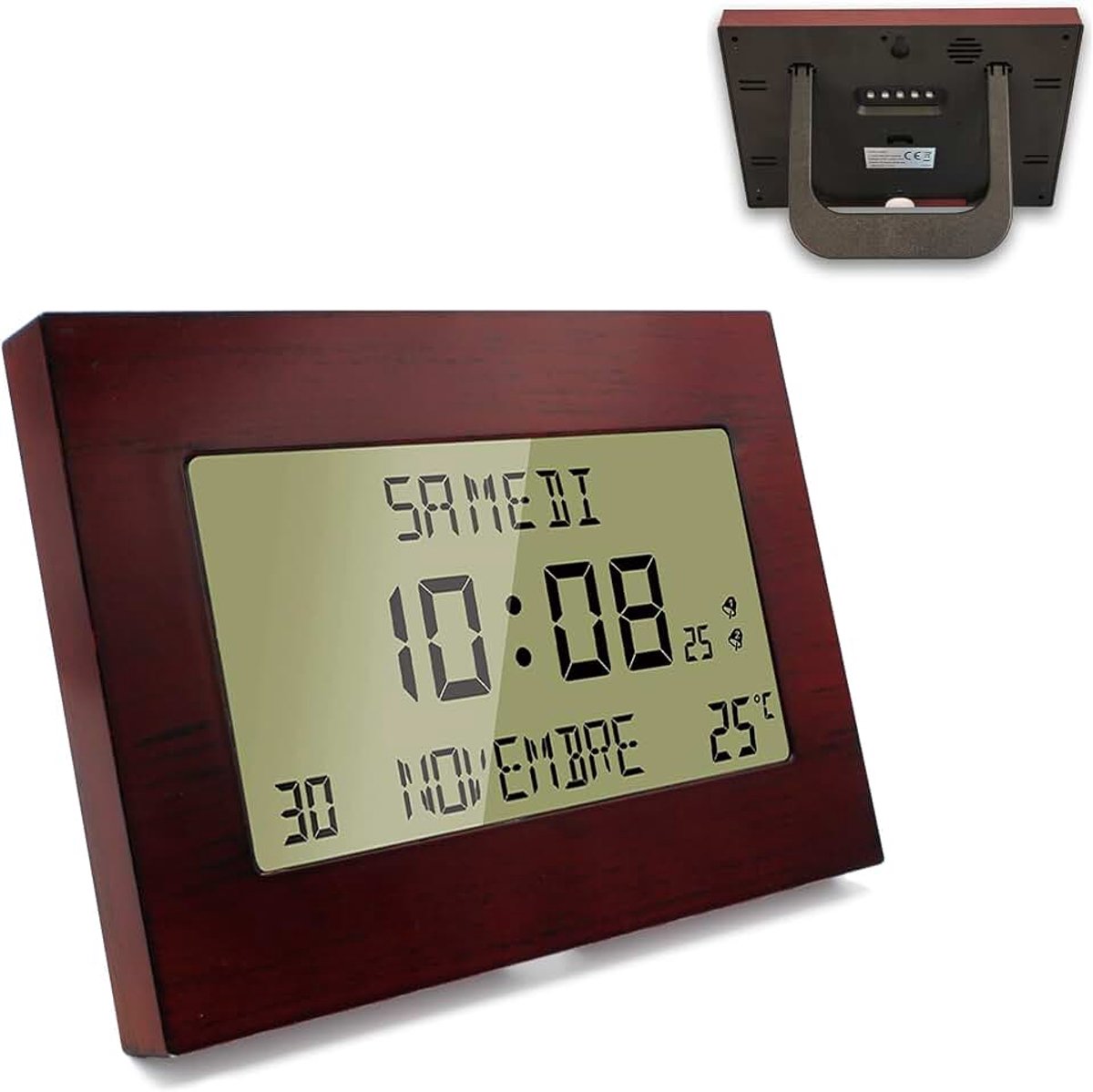 - Digitale wandklok Radiogestuurd met wekker - Kalender, buitentemperatuur, 8 talen, grote cijfers - 23 x 16 cm - Wand- of standaardbevestiging - houtoptiek
