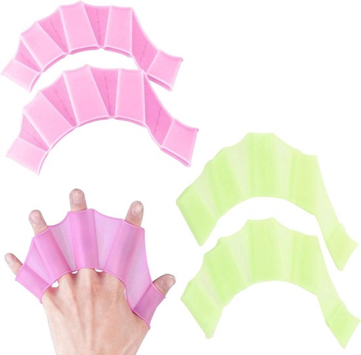 Zwemvliezen voor vingers in groen en roze, set van 2 stuks, ideaal voor aqua fitness.