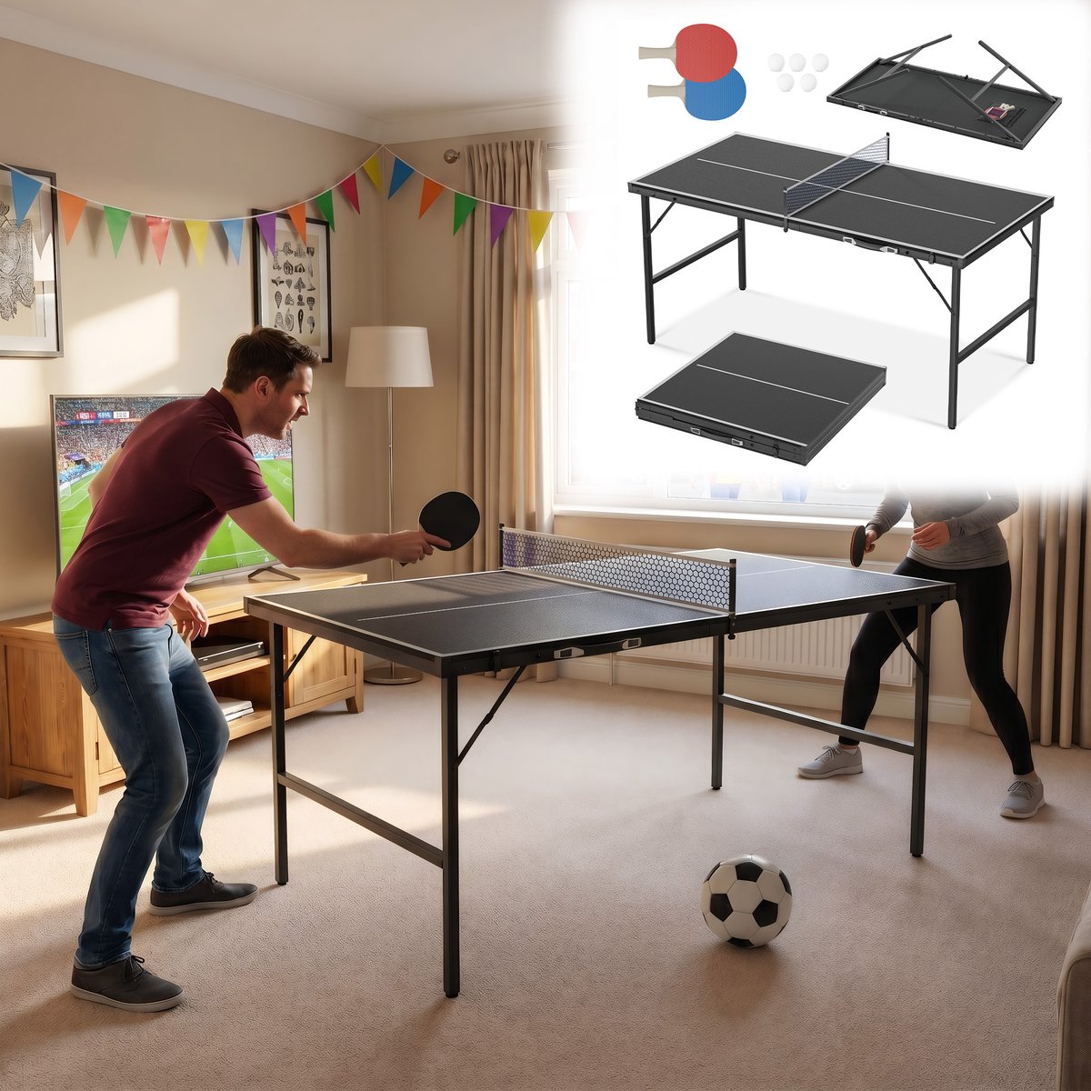 AUFUN Opvouwbare Tafeltennistafel (152,5 x 76 cm) – Zwart – Draagbaar Ontwerp In Kofferstijl, Geschikt Voor Binnen En Buiten – Complete Set Inclusief Net, 2 Batjes, 5 Balletjes En Een Geïntegreerde Opbergtas.