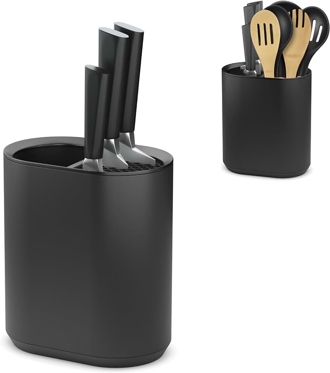 Messenblok Zwart Mat en Bestekhouder Keukenaccessoire, Zwart Mat Kunststof Messenblok, Compact en Modern, 19,5x18x11,5 cm